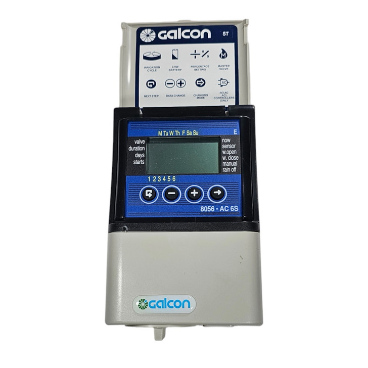Galcon 8002 AC 2-Station Controller front view with open lid and display screen MPN: GAE5S0002U1