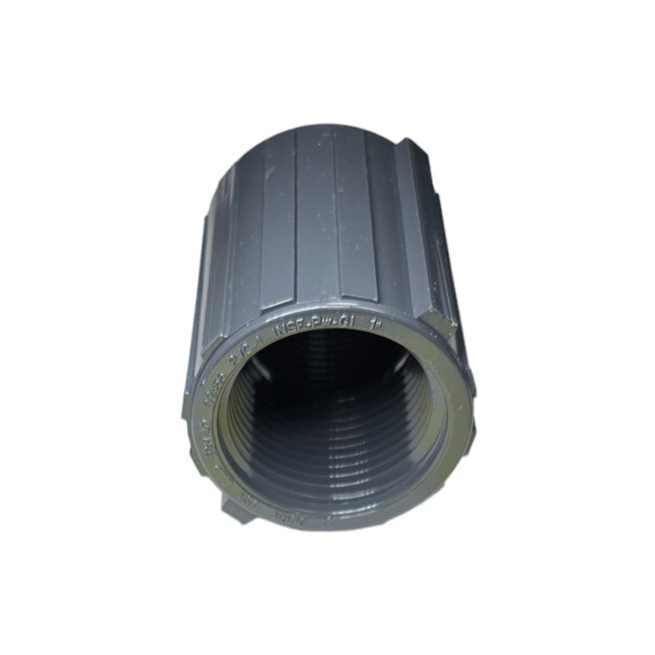 Dura Schedule 80 PVC gray adapter angled view showing internal threads