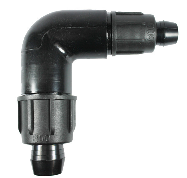 Irritec Easy Loc Reducing Elbow, flat L-shaped view showing 3/4 and 1/2 inch ends MPN: ELRL