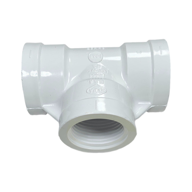 A front-on view of a 3/4" Schedule 40 PVC Tee, MPN 405-007, with female pipe threads (FPT) on all three ports. This fitting is used to create a 90-degree branch from a threaded pipe line.