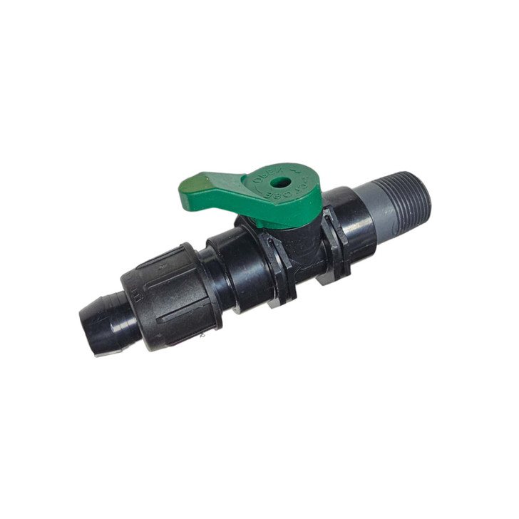 Irritec Easy Loc MPT Valve, angled top view of black fitting with green shut-off handle MPN: EL34MPV34