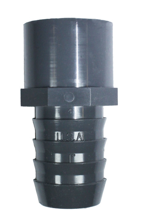 A macro shot showcasing the sharp, aggressive barbs on a Dura Schedule 40 PVC Insert Coupling. These barbs provide a secure, leak-proof grip on flexible poly tubing.