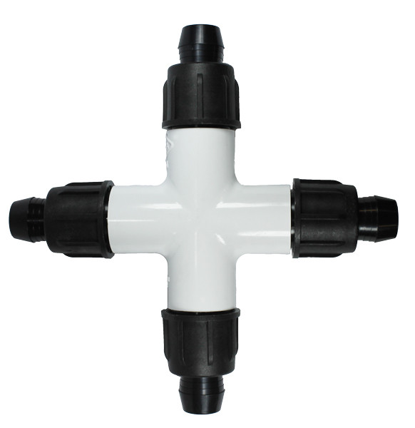 Irritec Easy Loc Cross, flat top-down view of 4-way irrigation fitting with white PVC center MPN: ELX34