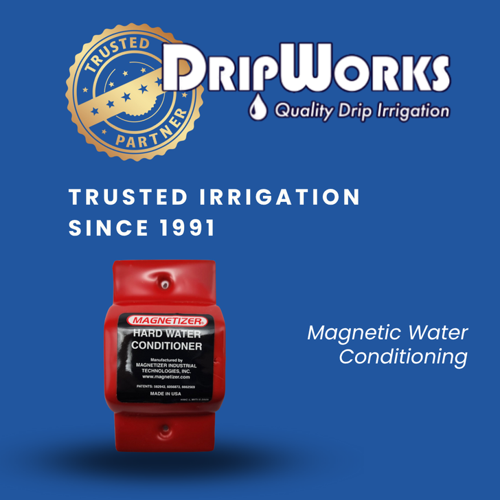 Red Magnitizer conditioner with DripWorks 'Trusted Partner' logo and "Trusted Irrigation Since 1991" text.