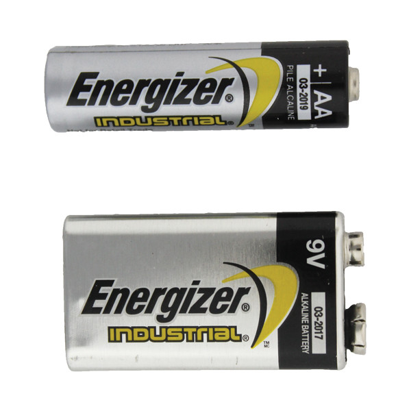 Energizer Industrial Batteries AA and 9V side-by-side profile view