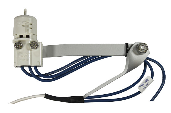 Hunter Mini-Clik NO Sensor close-up with mounting arm and blue wires MPN: MINI-CLIK-NO