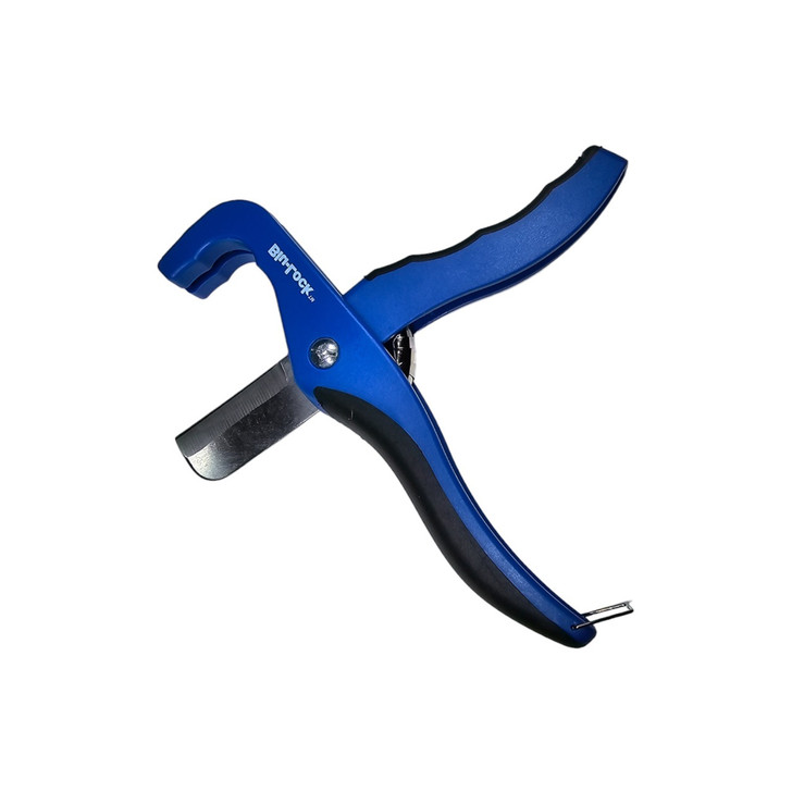 Hydro-Rain Blu-Lock Poly Tubing Cutter isolated view with open jaws and stainless blade MPN: BLP-CUT-25-1X
