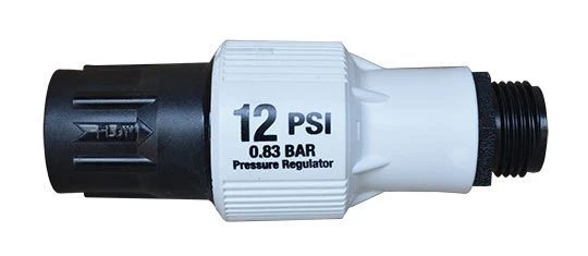 Senninger Low Flow Pressure Regulator horizontal view showing 10 PSI rating MPN: PRLV-10