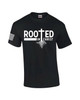 Rooted In Christ Tree Roots men's Christian tee - front graphic