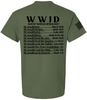WWJD? He Would Love Forgive Pray Bless Flag Sleeve Back Design men's Christian tee - design view 3