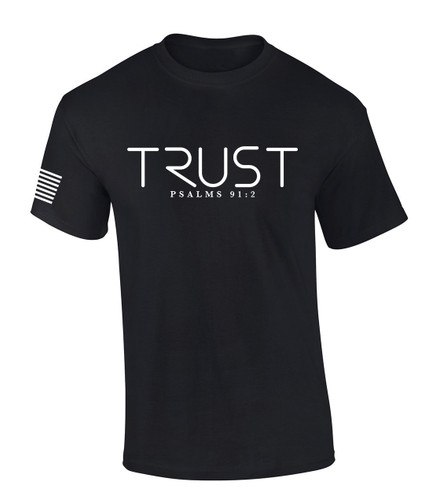 Trust in Christ Psalms 91:2 men's Christian tee - front graphic