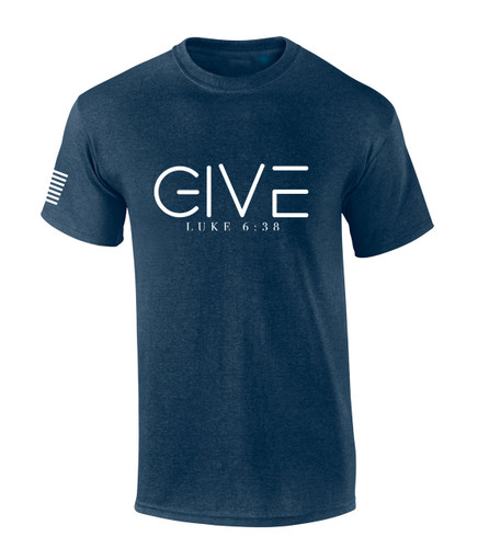 Give Luke 6:38 men's Christian tee - front graphic