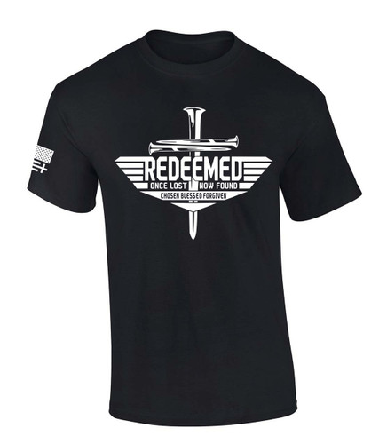 Redeemed Once Lost Now Found Chosen Blessed Forgiven men's Christian tee - front graphic