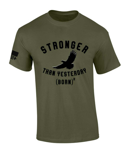 Stronger Than Yesterday Born Again men's Christian tee - front graphic