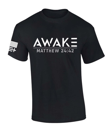 Awake Matthew 24:42 Scripture men's Christian tee - front graphic