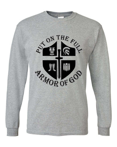 Put on the Full Armor of God men's Christian long sleeve tee - front graphic