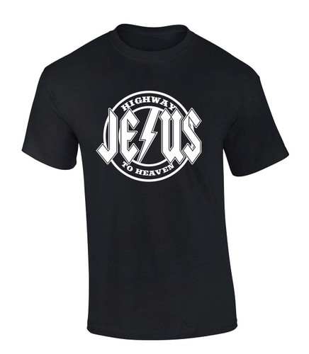 Highway to Heaven Jesus Metal Logo men's Christian tee - front graphic
