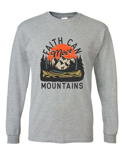 Faith Can Move Mountains men's Christian long sleeve tee - front graphic
