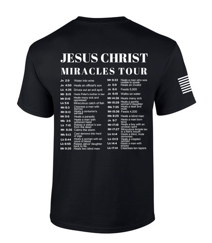Jesus Miracles World Tour Scripture men's Christian tee - front graphic