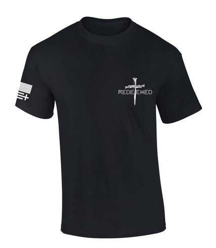 Redeemed Nail Cross Crest Design Jesus men's Christian tee - front graphic