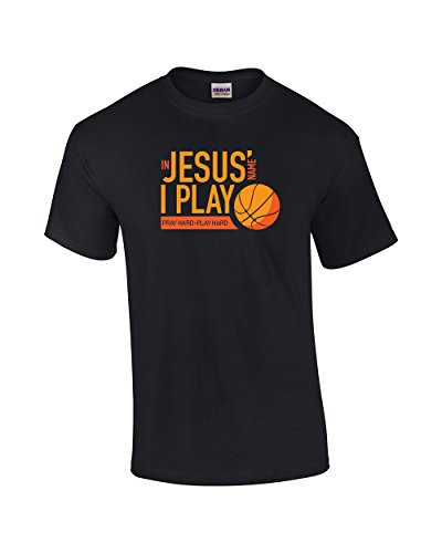 in Jesus Name I Play Black men's Christian tee - front graphic