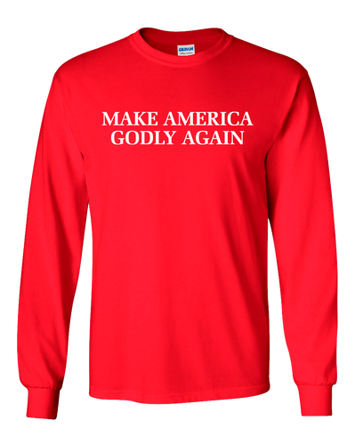 Make America Godly Again men's Christian long sleeve tee - front graphic