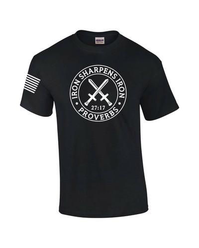 Iron Sharpens Iron Proverbs 27:17 American Flag Sleeve men's Christian tee - front graphic