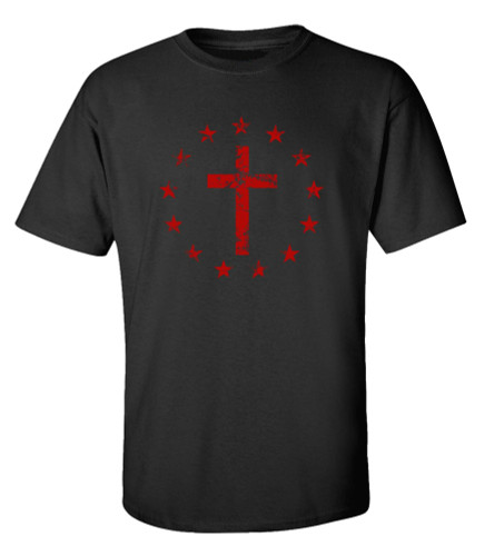 Cross Surrounded By Patriotic Betsy Ross Flag 13 Stars men's Christian tee - front graphic