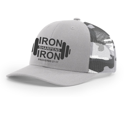 Christian Iron Sharpens Iron Proverbs 27:17 Dumbell Weight Mens Embroidered Mesh Back Trucker Hat