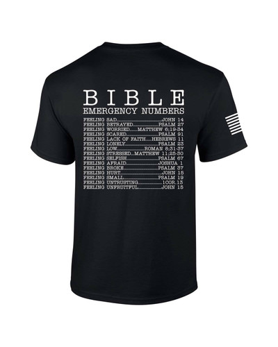 Mens Christian Bible Emergency Numbers Scripture Short Sleeve T-shirt Graphic Tee