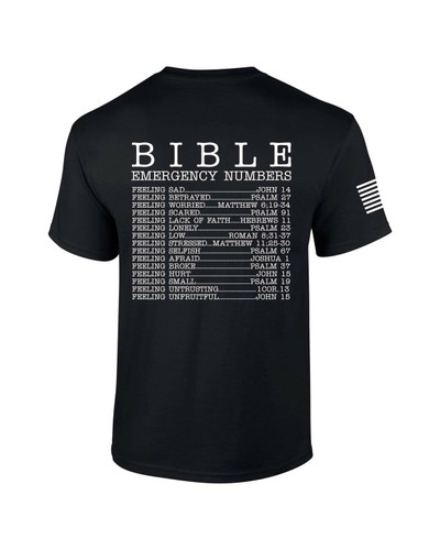 Bible Emergency Numbers Scripture men's Christian tee - front graphic