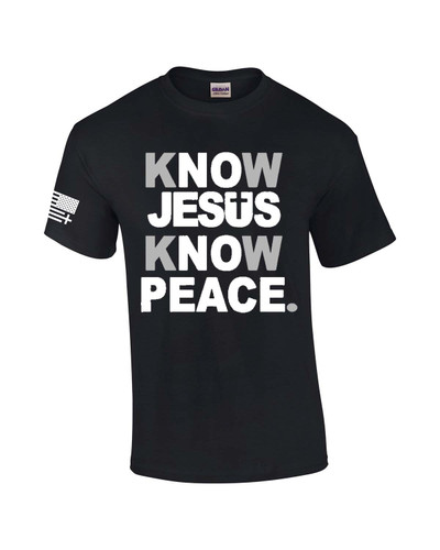 Know Jesus Know Peace men's Christian tee - front graphic