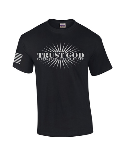 Trust God Not Government American Flag men's Christian tee - front graphic