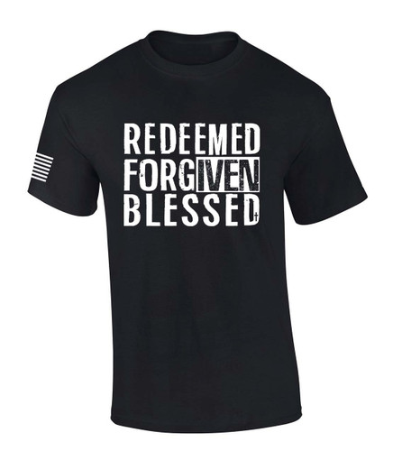 Redeemed Forgiven Blessed Scripture American Flag Sleeve men's Christian tee - front graphic