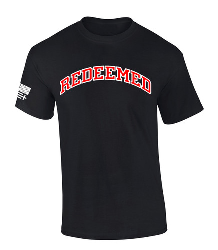 Redeemed Varsity Letter American Flag Sleeve men's Christian tee - front graphic