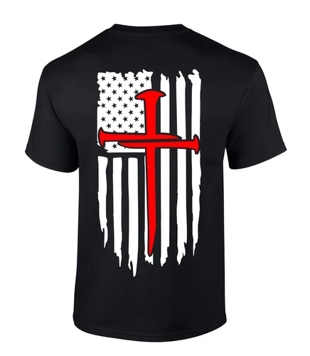 Nail Cross American Flag Scripture American Flag Sleeve men's Christian tee - front graphic