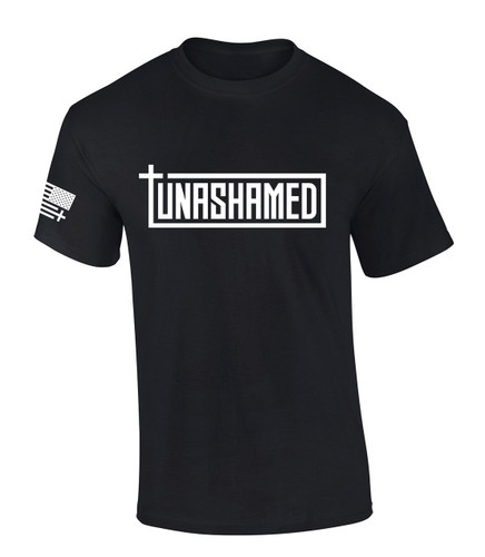 Unashamed Scripture American Flag Sleeve men's Christian tee - front graphic