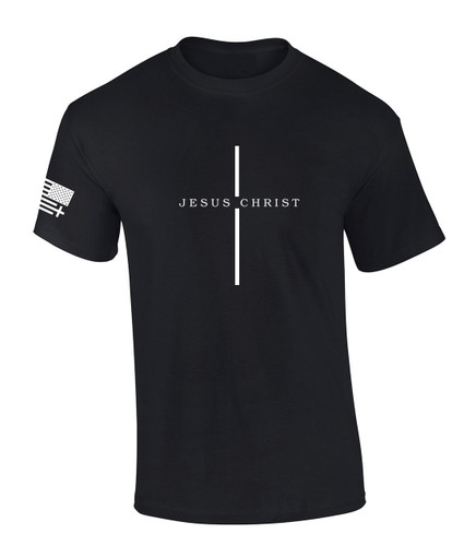 Jesus Christ Cross Scripture American Flag Sleeve men's Christian tee - front graphic