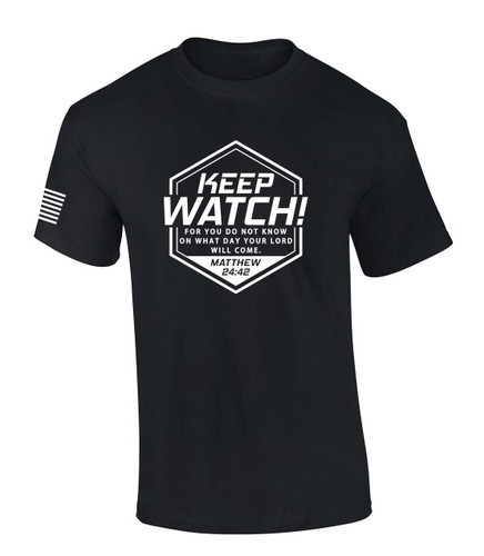 Keep Watch Matthew 24:42 Scripture American Flag Sleeve men's Christian tee - front graphic