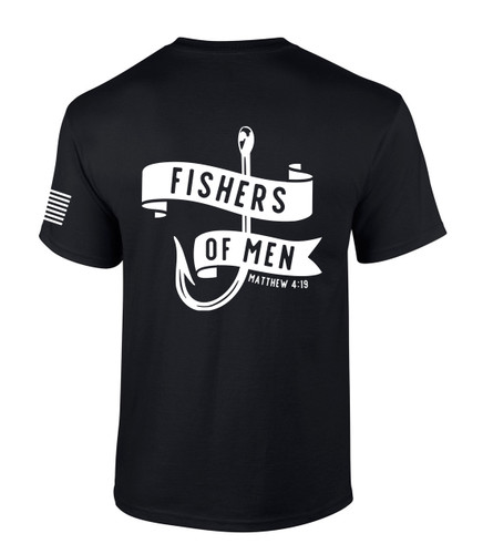Fishers of Men Matthew 4:19 Scripture American Flag Sleeve men's Christian tee - front graphic