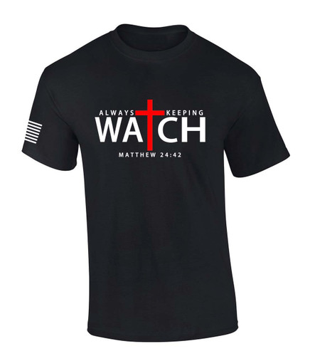 Always Keeping Watch Matthew 24:42 Scripture American Flag men's Christian tee - front graphic