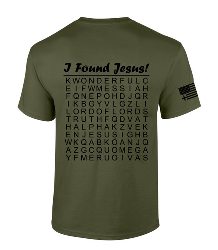 I Found Jesus Funny Crossword Puzzle Back Design men's Christian tee - front graphic