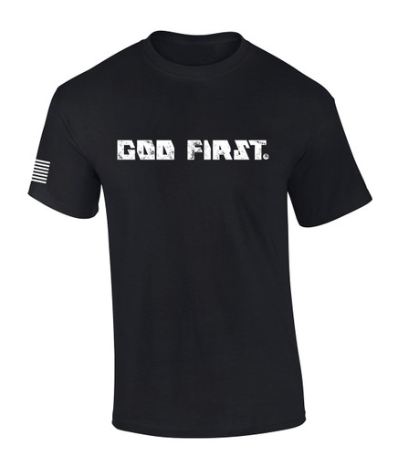 God First Put God First Jesus Christ Fath Flag Sleeve men's Christian tee - front graphic