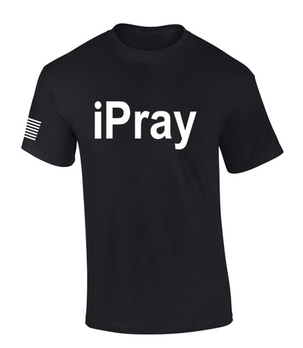 iPray American Flag Sleeve Jesus Christ Prayer men's Christian tee - front graphic