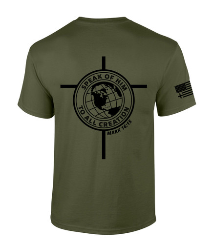 Speak of Him to All Creation Mark 16:15 Scripture Back Design men's Christian tee - front graphic