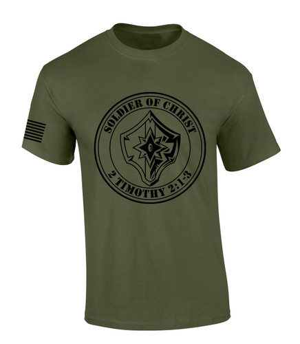 Soldier of Christ 2 Timothy 2:1 3 Flag Sleeve men's Christian tee - front graphic