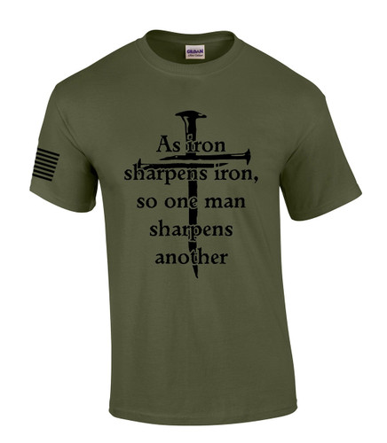 Iron Sharpens Iron Proverbs Proverbs 27:17 men's Christian tee - front graphic