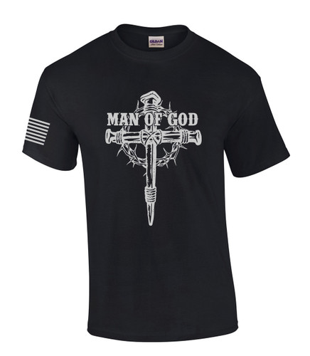 Man of God Nail Cross Crown of Thorns men's Christian tee - front graphic
