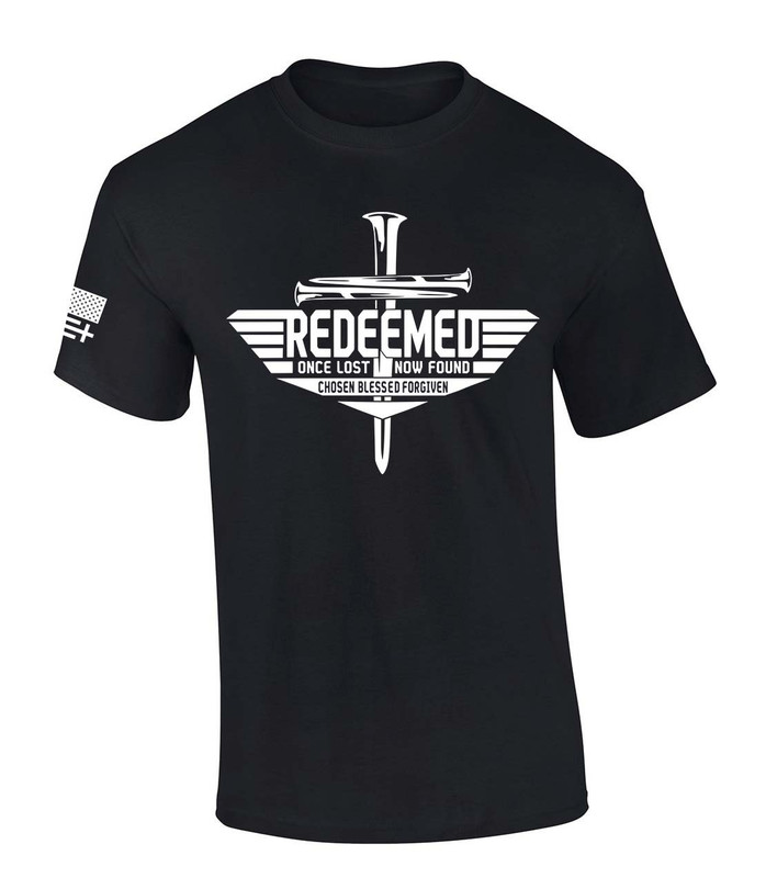 Redeemed Once Lost Now Found Chosen Blessed Forgiven men's Christian tee - front graphic