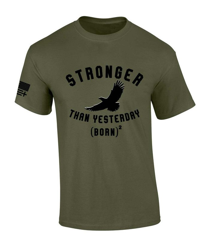 Stronger Than Yesterday Born Again men's Christian tee - front graphic